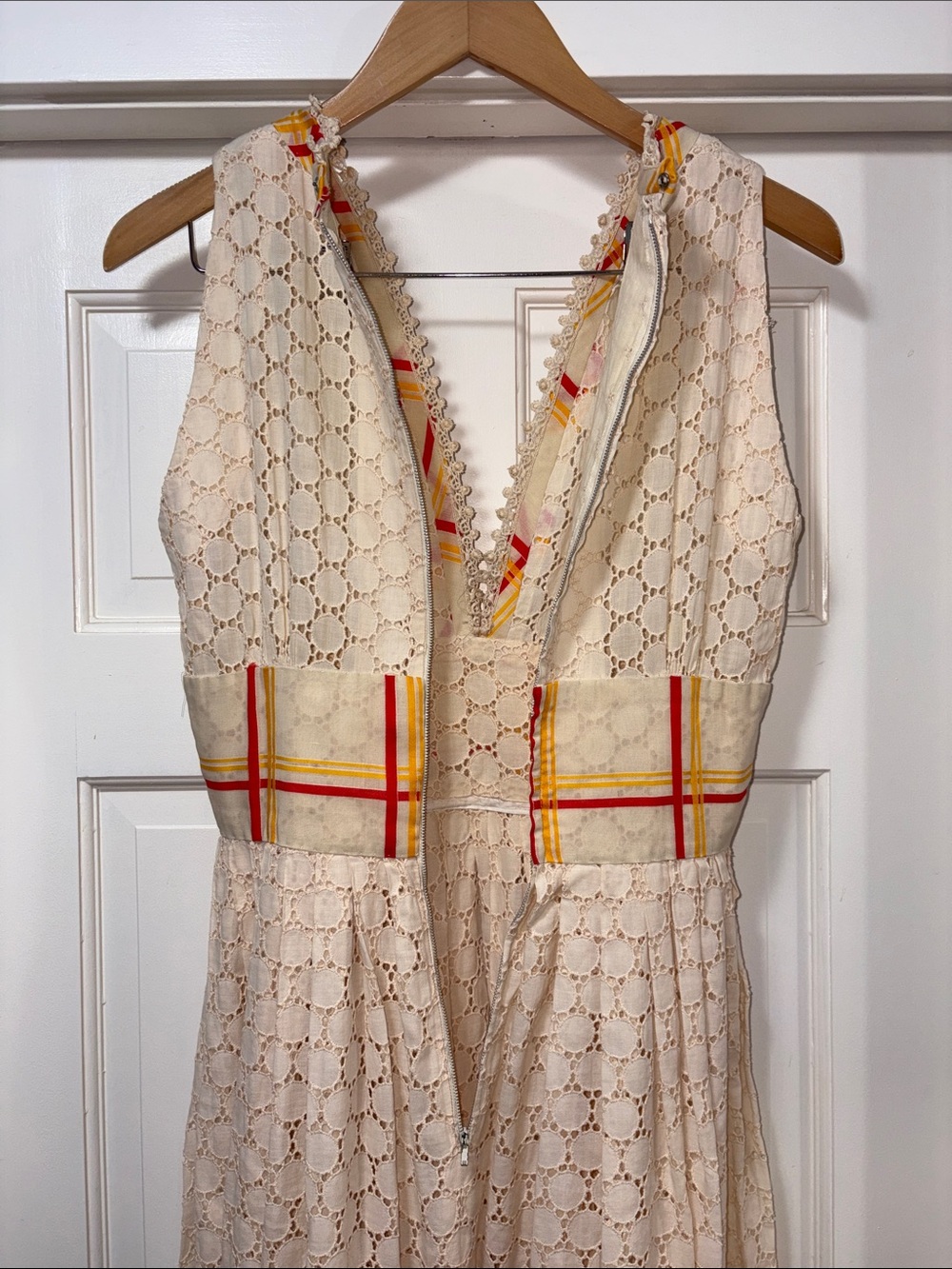 VINTAGE OOAK Cream Lace Maxi Dress with Yellow & Red Plaid Trim - Picture 4 of 11